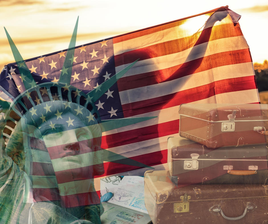 American woman of mixed immigrant descent standing proudly with U.S. flag in background, representing family legacy and freedom.