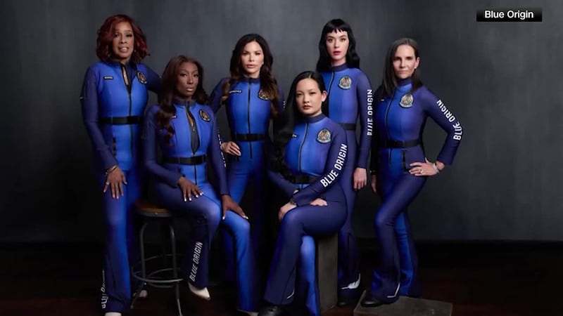 All-female Blue Origin spaceflight crew, including celebrities and accomplished STEM professionals, posing in custom flight suits before launch