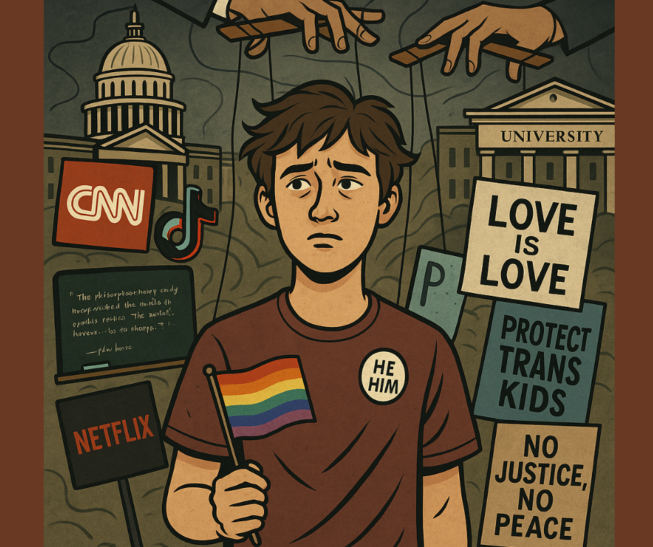 A confused young person surrounded by political propaganda, media icons, and rainbow flags, symbolizing cultural manipulation of the mentally unstable.